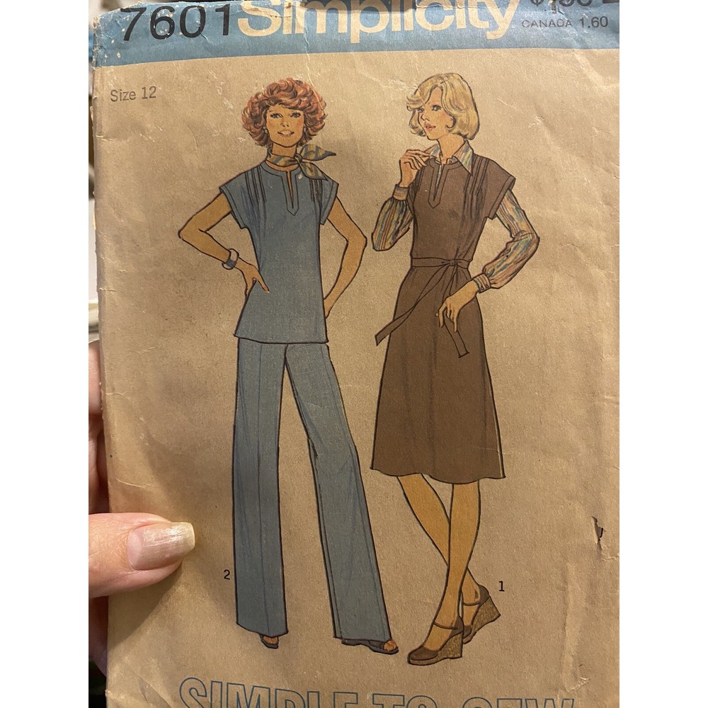 Vintage 1976 Simplicity 7601 Sewing Pattern Dress Pantsuit Size 12 Cut Complete
